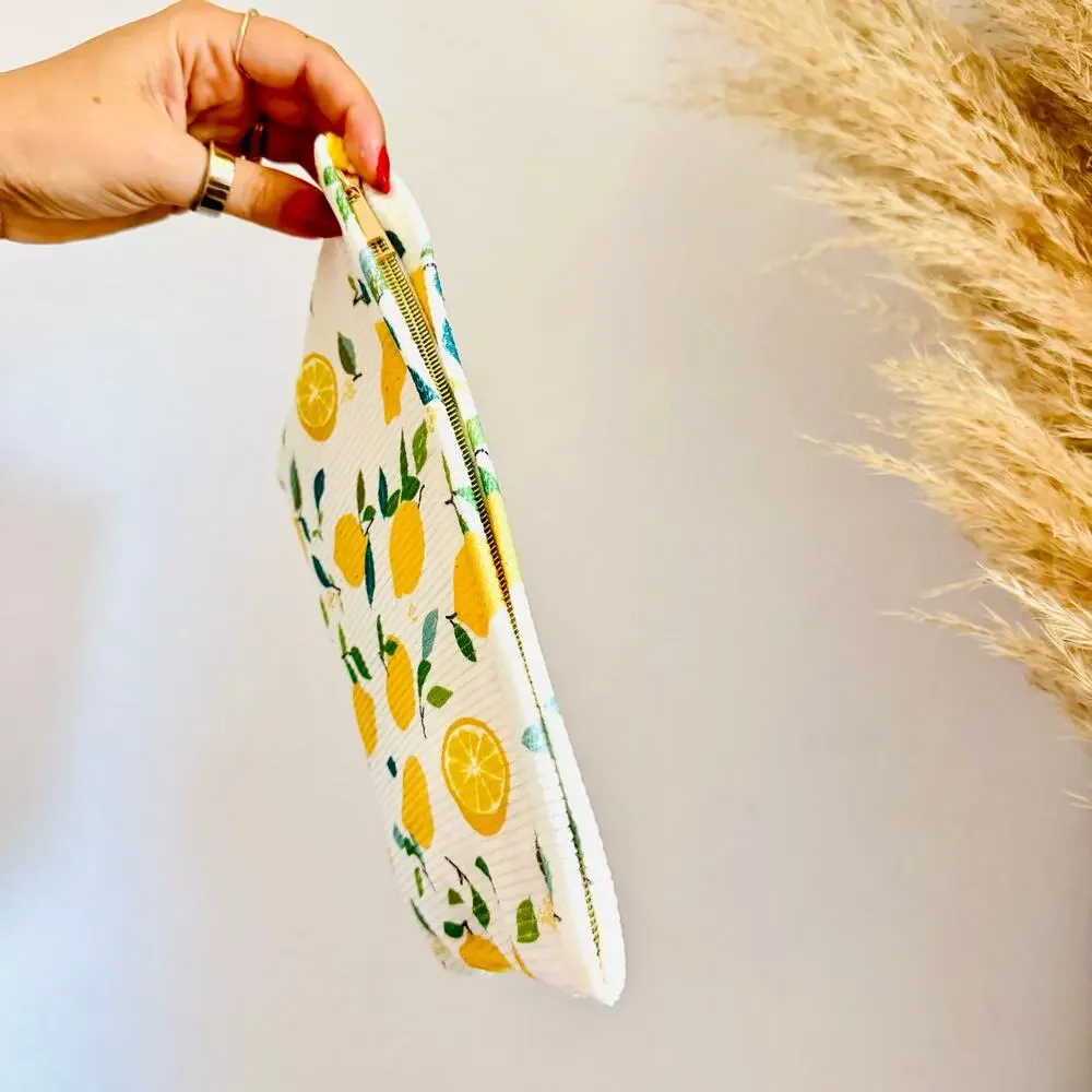 NEW ANTHROPOLOGIE Cream Yellow Green Cord Lemon Fruit $68 Clutch Cosmetic Bag